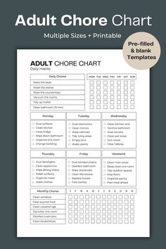 an adult chore chart with the text,'adult chore chart'in black and