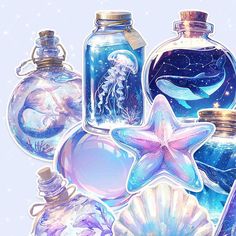 there are many glass bottles with different things in them on the blue and white background