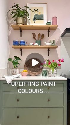 a kitchen with green cabinets and shelves filled with pots, pans, and flowers