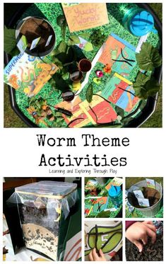 the words worm theme activities are displayed on top of an assortment of pictures and papers