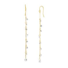 These 4.0mm faceted white lab-created sapphire dangle station linear chain drop earrings are fashioned in 18K gold over silver and suspend freely from wire backs. White Linear Earrings With Ear Wire For Anniversary, White Linear Earrings For Anniversary, White Diamond Cut Dangle Chandelier Earrings, White Diamond Cut Dangle Jewelry, Anniversary Diamond Cut Dangle Linear Earrings, Anniversary Diamond Cut Dangle Earrings, Gold Dangle Diamond Earrings With Pearl Drop, Gold Diamond Dangle Earrings With Pearl Drop, Gold Diamond Cut Dangle Linear Earrings