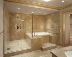 a large bathroom with a walk in shower next to a bathtub and separate sink