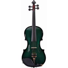 the green violin is on display with its bow and shoulder rests up against it's back