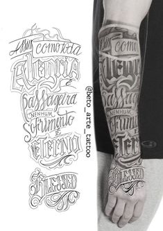 a person with tattoos on their arms and arm sleeves, both in different font styles