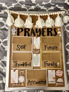 a bulletin board with words and pictures on it that spell out the word, prayers