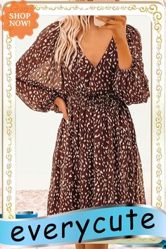 Leopard V Neck Bubble Sleeves Midi Dress Fall Vacation A-line Mini Dress, Brown Long Sleeve Mini Dress For Summer, Brown V-neck Mini Dress For Spring, Flowy A-line Mini Dress For Fall, Long Sleeve Brown Midi Summer Dress, Flowy Brown V-neck Midi Dress, Brown Midi Dress For Spring, Brown Flowy Long Sleeve Dress, Brown Knee-length Mini Dress For Spring