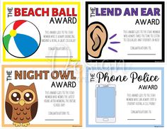 the beach ball award and the night owl award are shown in four different colors, each with