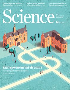 the cover of science magazine with people walking in front of an old building and two buildings