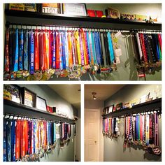 three pictures of medals hanging on the wall and in front of each other with ribbons attached to them