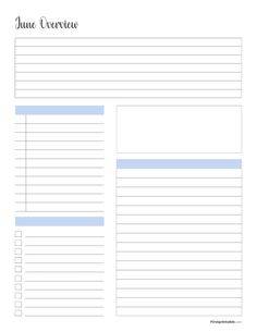 a printable planner for june and july, with blue lines on the top of it