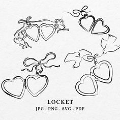 several heart shaped ornaments are shown in this black and white drawing set with the words locket on it