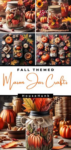 fall themed mason jar crafts with pumpkins and gourds