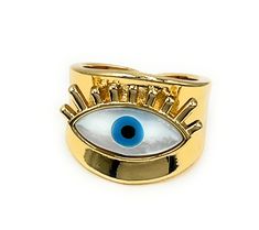 18K Gold Plated Evil Eye Ring This beautiful Adjustable Cuff Ring for Women fit any finger size.  The evil eye is usually use in jewelry for protection. This cute Ring can be adjusted to a different length if needed. It's a great look for daytime, clean line, fashion and urban look. It is carefully shipped in an organza pouch, bubble wrapped and well protected. Leslie Boules is a brand that is born from the desire to create new jewelry accessories that accompany us daily, make us look fashionable and elevate our spirit, our models are made with passion because we like and use what we do, quality and excellence are our guides and we are sure that we are the best value price option. We invite you to buy and use Fashion Jewelry by Leslie Boules Thank you for visiting my shop ♥ I will be glad Gold Evil Eye Ring Gift, Gold Evil Eye Ring As A Gift, Gold Evil Eye Rings As Gifts, Gold Rings With Evil Eye For Gift, Gold Evil Eye Open Ring, Gold Open Ring With Evil Eye Detail, Gold Open Ring With Evil Eye, Protection Eye, Hand Cuff Bracelet