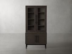 a tall wooden cabinet with two doors on the front and one door open to reveal an empty shelf