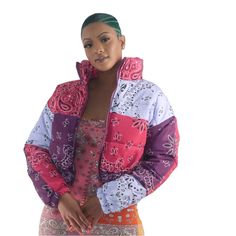 Purple Bandana Crop Puffer Jacket Sale From My Boutique Spring Cotton Quilted Jacket For Cold Weather, Spring Streetwear Patchwork Outerwear, Spring Streetwear Outerwear With Patchwork, Multicolor Spring Puffer Jacket, Trendy Multicolor Patchwork Outerwear, Purple Puffer Jacket For Fall, Multicolor Puffer Outerwear For Spring, Multicolor Puffer Outerwear For Fall, Purple Patchwork Outerwear For Streetwear