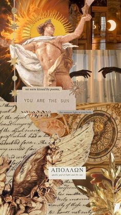 altered collage with an image of a man holding a sun above his head and writing on it