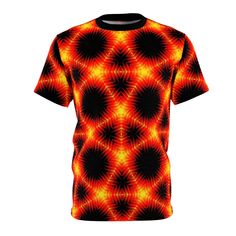 Scintillating Inferno T-Shirt - Psychedelic Fire Design, Vibrant Flame Pattern, Bold Statement Tee, Unisex All-Over Print T-Shirt Ignite your style with the Scintillating Inferno T-Shirt. This bold and vibrant design features a mesmerizing psychedelic fire pattern that radiates intense energy. Perfect for those who love to make a fiery statement, this T-shirt combines striking visuals with exceptional comfort. Crafted from high-quality 100% polyester, the Scintillating Inferno T-Shirt offers a lightweight and breathable feel, ensuring you stay comfortable all day long. The all-over print retains its vivid colors even after multiple washes, making it a durable addition to your wardrobe. The unisex cut guarantees a flattering fit for all body types, making it a versatile piece for any occasi Fitted Red T-shirt With Sublimation Print, Fitted Crew Neck Shirt With Sublimation Print, Red Crew Neck T-shirt With All Over Print, Fitted Crew Neck Shirt With All Over Print, Orange Printed Short Sleeve T-shirt, Orange Printed Crew Neck T-shirt, Red All Over Print Short Sleeve T-shirt, Red Short Sleeve T-shirt With All Over Print, Red All Over Print Crew Neck Shirt