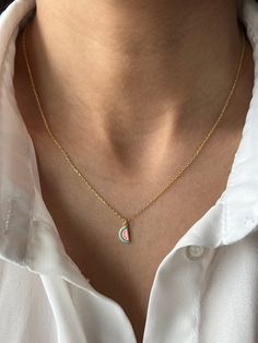 Feel the summer vibes with one piece 🍉  Get this beautiful minimalist jewelry made with the quality of perfect elements✨ You can choose 925K Sterling Silver with the options of Gold, Rose Gold or White Gold colors. High quality jewelry for everyone ❤️  Details * 925K Sterling Silver Option → 18K Gold, Rose Gold or White Gold plated * Chain length is 18 inches / 45 cm * Time is everything! You will receive your package as soon as possible 🚚  * We care about the quality of metal to make sure it Personalized Gold Jewelry For Summer, Summer Gift Charm Necklace With Adjustable Chain, Time Is Everything, Watermelon Necklace, Fruit Necklace, Enamel Necklaces, Gold Colors, Summer Necklace, Gold Plated Chains