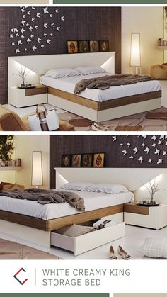 three different pictures of a bed with white and brown furniture in the same room,