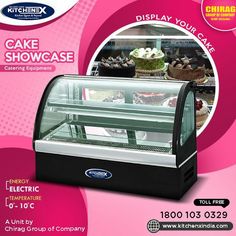 an advertisement for a cake showcase featuring cakes and pastries in a display case with pink background