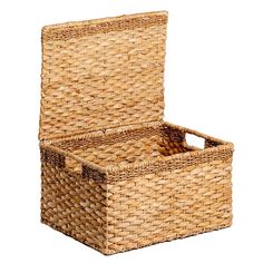 an empty wicker basket with two compartments on the bottom and one in the middle