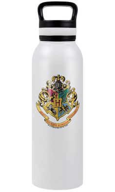 a white water bottle with hogwarts crest on it