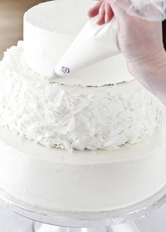 a person is decorating a cake with white frosting