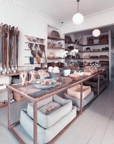 a room filled with lots of different types of items on shelves and floor to ceiling shelving