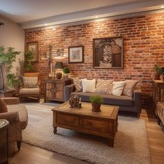 a living room filled with furniture and a brick wall