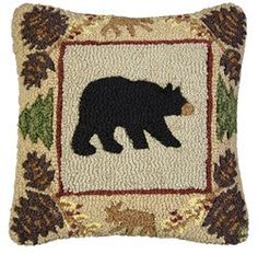 Bear Throw Pillow With Pinecone Border Cabin Pillows, Pillow Lounger, Moroccan Floor Pillows, Bear Cabin, Black Forest Decor, Hooked Pillow, Bear Pillow, Pillow Projects, Bear Theme