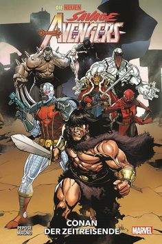 an image of the cover to avengerss, featuring two men with swords and other characters