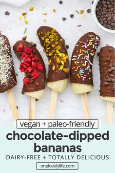 chocolate dipped bananas with sprinkles on them and the title vegan + pale - friendly chocolate dipped bananas