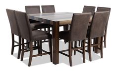 a dining table and chairs with brown leather upholstered backrests on an isolated white background