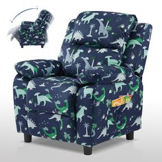 a blue recliner with dinosaur print on it and the seat upholstered in fabric