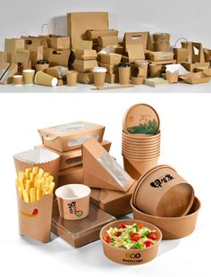 cardboard boxes are stacked on top of each other, with food in bowls and plates