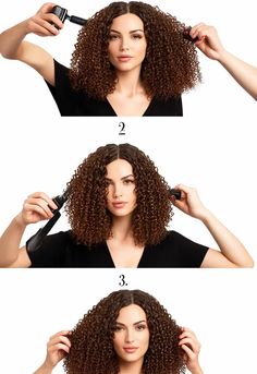 A woman with long, curly hair demonstrating how to create soft, layered curls. The image shows her applying curling product in the first frame, curling sections of hair in the second, and finishing with a voluminous, bouncy curl in the final image. Each step is clearly Layered Curls, Curl Tutorial, Bouncy Curls, Long Curly, Curly Hair, Curly Hair Styles, How To Apply