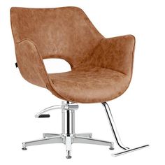 a brown chair with chrome legs on a white background