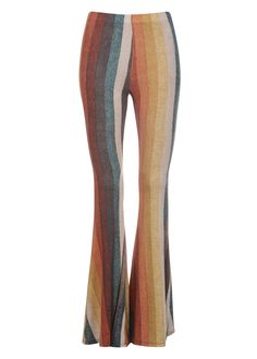 Bring it on back with these retro-inspired flare pants! With a high rise and dramatic flare, these multi colored striped bell bottoms make your legs look a mile long with '70s-inspired style that feels cool and modern! Available in sizes S, M and L. Made out of 60% polyester, 35% rayon and 5% spandex. These groovy flares are an attention-grabber for sure! Measurements SIZE CHART BOTTOMS XS S M L XL XXL WAIST (in) 23-24 25-26 27-28 29-30 31-32 33-34 HIPS (in) 33-34 35-36 37-38 39-40 41-42 43-44 I 70s Ideas, 70s Wardrobe, 70s Pants, Shaggy Jacket, Attention Grabber, Retro Pants, Velvet Flares, Billy Idol, Faux Leather Biker Jacket