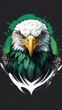 an eagle's head with green and white paint splattered on it, in front of a black background