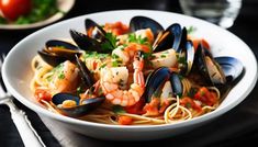 a white bowl filled with pasta and clams on top of a table next to silverware