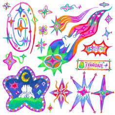 an assortment of colorful stickers on a white paper sheet with stars and mermaids