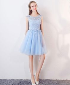 Blue Knee-length Evening Dress For Prom, Knee-length Blue Evening Dress For Prom, Light Blue Knee-length Dress For Banquet, Tulle Dress With Illusion Neckline For Banquet, Blue Knee-length Mini Dress For Prom, Blue Tulle Mini Dress For Wedding, Knee-length Tulle Mini Dress For Wedding, Light Blue Knee-length Prom Dress, Blue Knee-length Dress For Prom Season