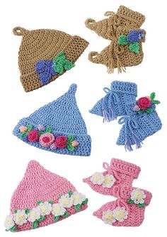 crocheted hats and booties are shown in four different colors, including pink, blue, green, and brown