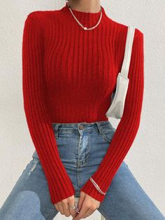 Red Longsleeves Outfit, Red Long Sleeve Shirt Outfit, Shirt Jacket Outfit Women, Red Outfits For Women, Long Sleeve Shirt Outfits, Red And White Outfits, Shein Sweater, Jacket Outfit Women, Red Long Sleeve Shirt