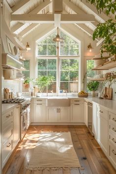 a kitchen with white cabinets and wooden floors, an arched window above the sink is filled with potted plants