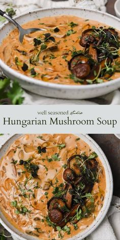 two bowls of soup with mushrooms and herbs in them, one is on top of the other