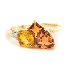 Imperial Topaz 0.95 carats  Yellow Sapphire 0.86 carats  Citrine 0.30 carats  Diamond 0.08 carats  LS30553-CLU #418268 Sapphire And Citrine Ring, Luxury Elegant Yellow Sapphire Topaz Ring, Luxury Oval Yellow Sapphire Topaz Ring, Luxury Yellow Gold Topaz Ring, Yellow Topaz Jewelry, Yellow Sapphire Jewelry, Yellow Topaz Ring, Sapphire Side Stones, Orange Gem