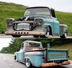 two pictures of an old truck on the road