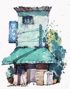 a watercolor painting of a building with a green roof