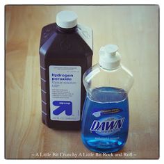 a bottle of dawn liquid next to a container of hydrogen percolator on a wooden table